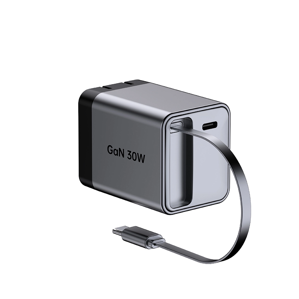 30 W USA pistikuga kokkupandav kiirlaadija koos sissetõmmatava usb c kaabliga